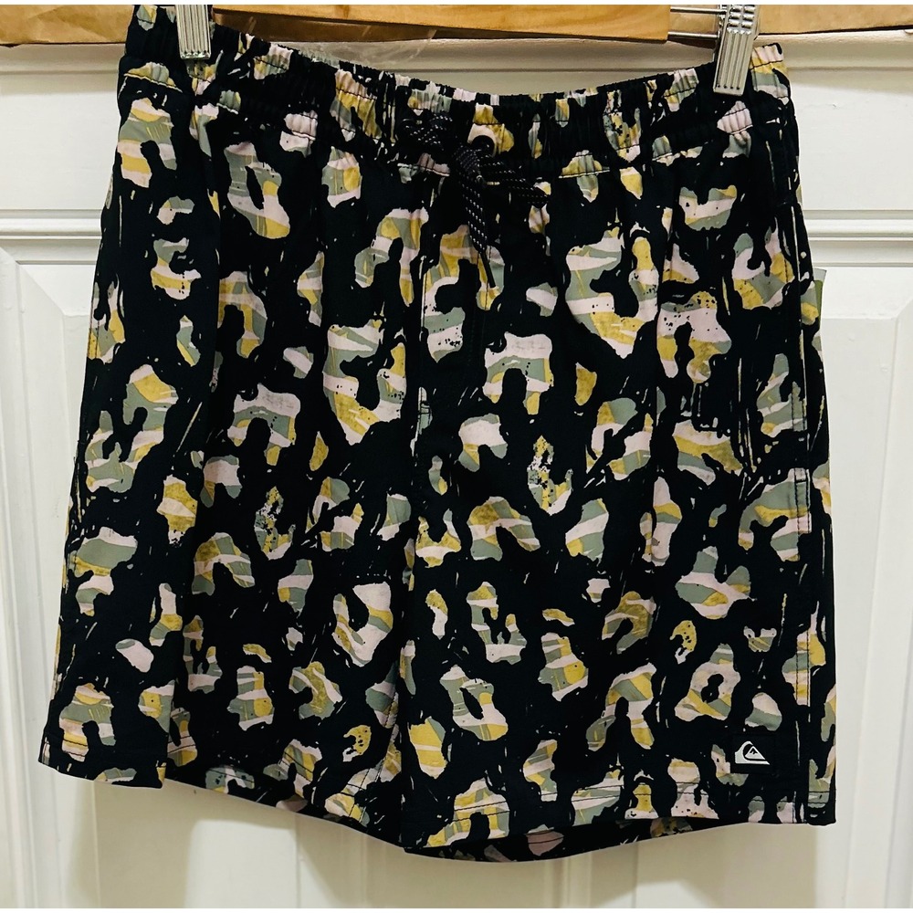 Quiksilver Mens Abstract Camo Leopard Swim Board Shorts Black Yellow Size S